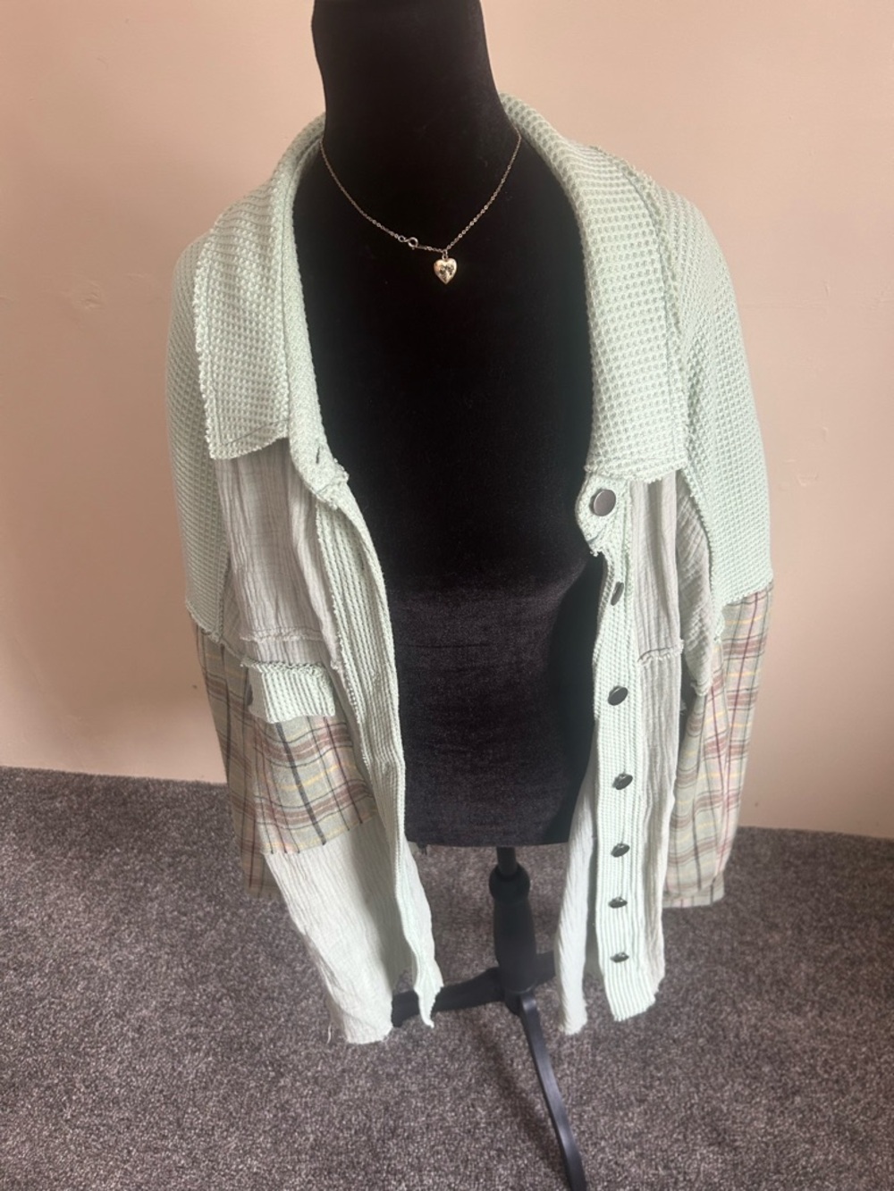 POL Mint Green Mixed-Media Boho Button-Up Shirt